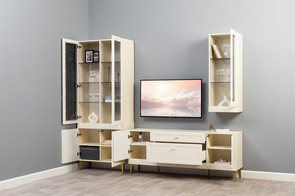 Гостиная Марион композиция 3 слоновая кость С341 PE, слоновая кость 6898 ПВХ, белый PE шагрень (собирается на любую сторону)