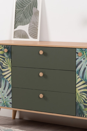 Комод Маттиас 16.245 дымчатый зеленый K521, гикори рокфорд натуральный KO86 PW, белый PE шагрень, фотопечать