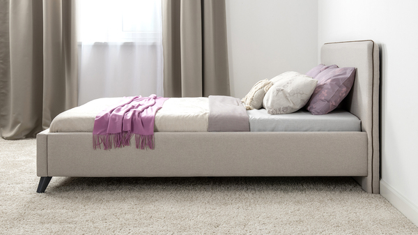 Кровать Миа 140 рогожка светло-бежевый, кант желтовато-коричневый с ортопедическим основанием и подъемным механизмом