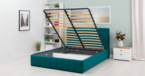Кровать Милана 160 велюр сине-зеленый с ортопедическим основанием и подъемным механизмом