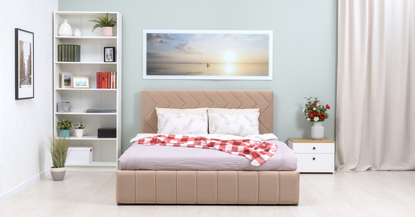 Кровать Милана 160 велюр бежевый кофейный с ортопедическим основанием и подъемным механизмом