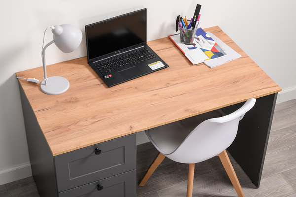 Стол письменный Остин 12.159 серый графит 0162 РЕ, дуб золотой CRAFT, графит ZB 856-2 ПВХ, сборка на любую сторону